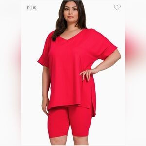 Plus Size V-Neck Tunic Top in Bright Red With Matching Shorts